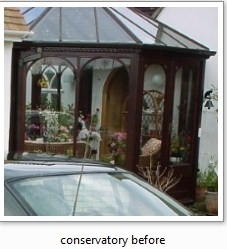 Before Old brown woodstain conservatory. Very boxy and dull.