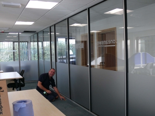 internal window frosting to partitions, a smart modern look can be acheived in a relatively short time. very cost effective way of offering privacy in meeting rooms etc.