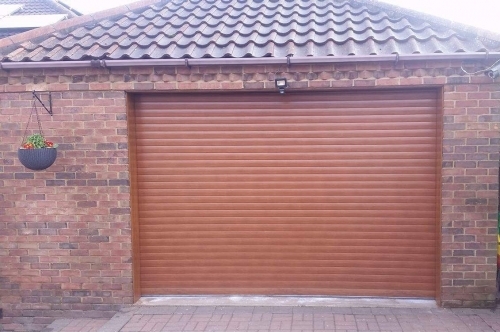Golden oak roller garage door