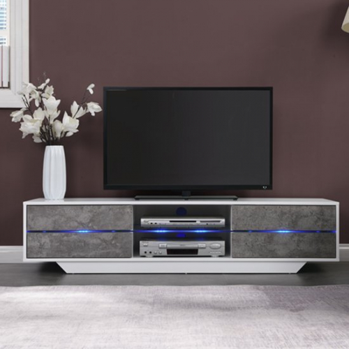 Sienna White Gloss And Concrete Effect TV Stand With Multi Led