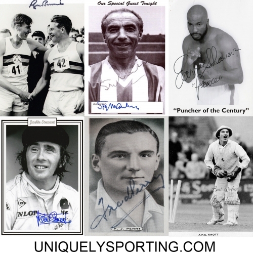 Uniquely Sporting Signed Sports Memorabilia: Sir Roger Bannister Fred Perry Alan Knott Jackie Stewart Stanley Matthews Earnie Shavers Autograph