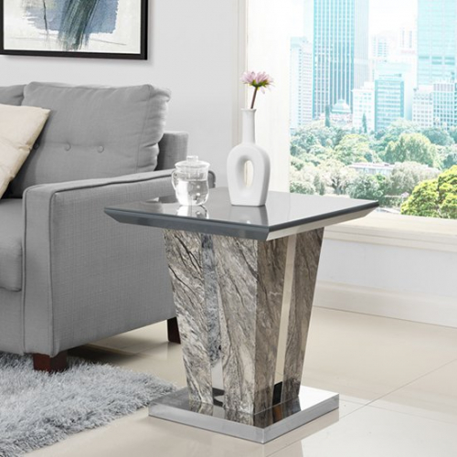 Melange Marble Effect Lamp Table In Gloss With Grey Glass Top