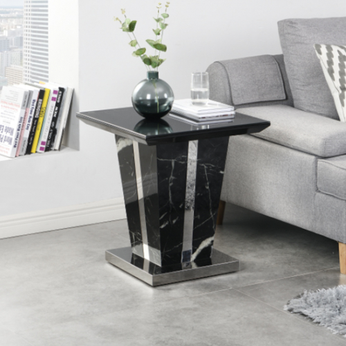 Memphis Glass Top High Gloss Lamp Table In Milano Marble Effect