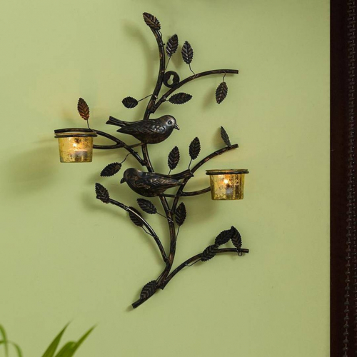 Birds On Branch Handcrafted Wall Sconce Tea Light Holder In Iron