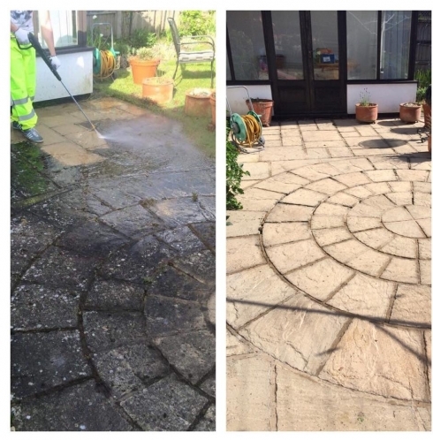 Before and after shot of a patio
