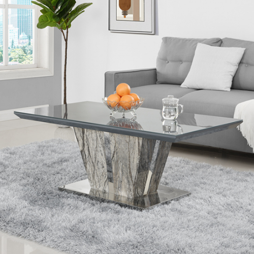 Melange Marble Effect Coffee Table In Gloss With Grey Glass Top