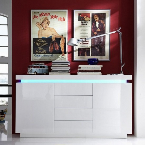 Odessa Sideboard 4 Drawer in High Gloss White With LED Lights