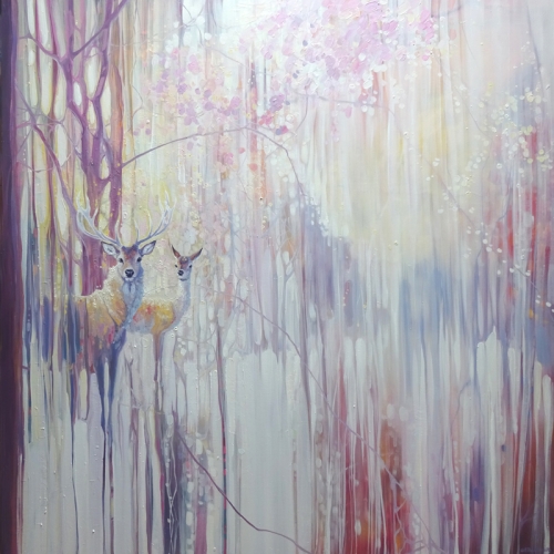LARGE ORIGINAL Oil Painting - Woodland Born - winter abstract with deer