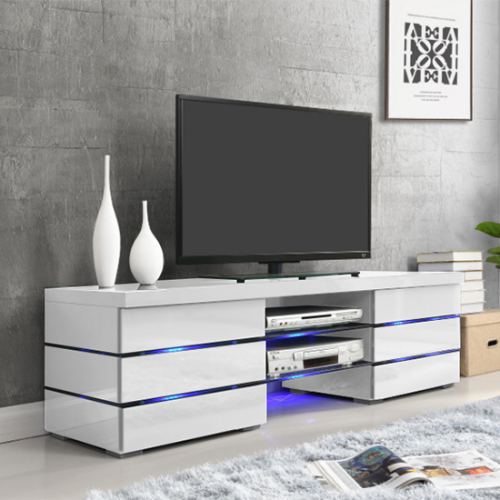 Svenja Media TV Stand in High Gloss White With Blue LED Lights