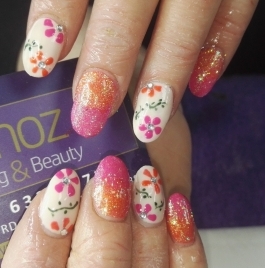 Floral nail art in Shellac on Acrylic Extensions